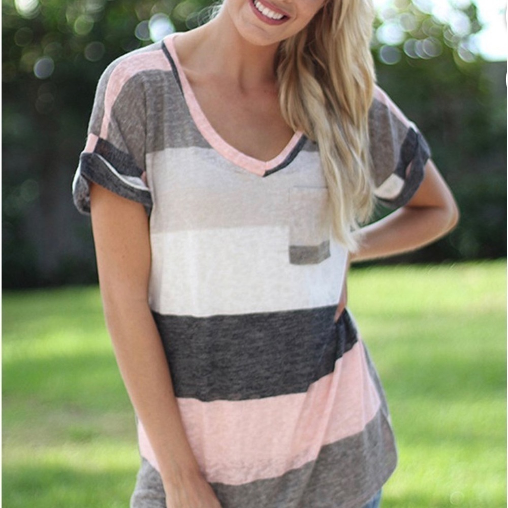 Dido T-shirt Women V-neck Blouse Girl Spliced Stripe T-shirt Blouse-by Lasvish.